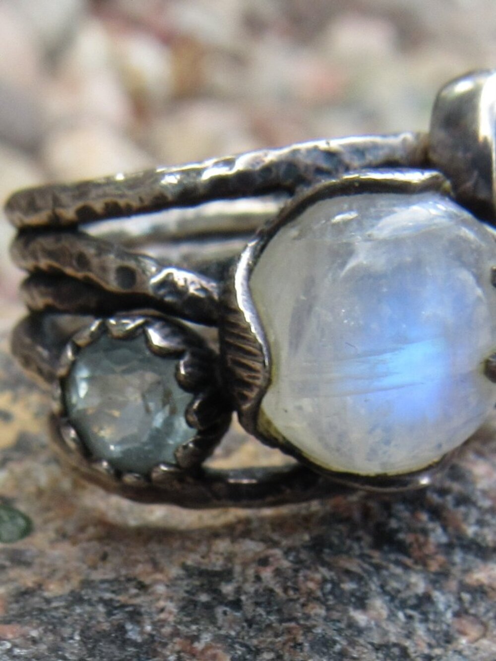 Artisan Aquamarine Flashy Blue Moonstone Sterling Silver Ring Wide Band Sz 7.75